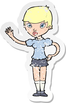 retro distressed sticker of a cartoon woman waving png