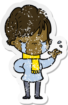 distressed sticker of a cartoon woman crying png