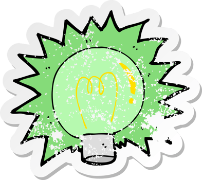 retro distressed sticker of a cartoon flashing green light bulb png
