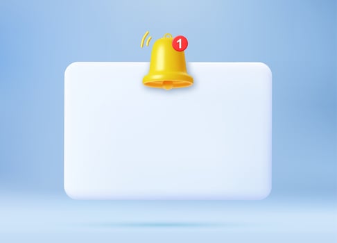 3d render Empty reminder popup, push notification icon with Cute yellow bell. 3D Model render for design. Email web symbol, mobile phone app, template, copy space. Vector illustration