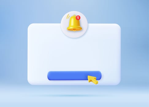3d render Empty reminder popup, push notification icon with Cute yellow bell. 3D Model render for design. Email web symbol, mobile phone app, template, copy space. Vector illustration