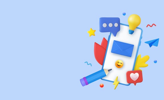 3d Social media creative idea. Concept Online social network. Business communication applications. Marketing time. Mobile phone with volumetric icons. 3d rendering. Vector illustration