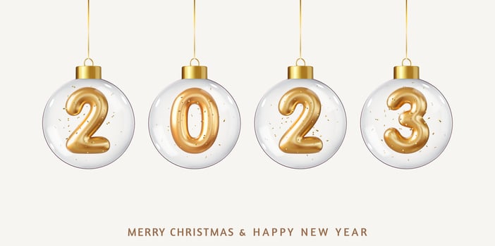 3d Christmas and New Year 2023 greeting card with balls,, ribbon, confetti. Golden number in glass bauble. Xmas Poster, banner, cover card, brochure flyer. 3d rendering. Vector illustration