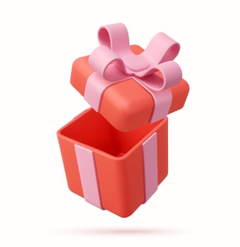 3d render open gifts box isolated on white background. Holiday decoration presents. Festive gift surprise. Realistic icon for birthday or wedding banners. Vector illustration.