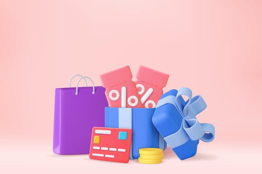 3D open gift box surprise with discount coupon, earn point concept, loyalty program and get rewards. online shopping bonus. 3d rendering. Vector illustration
