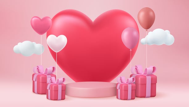 3d mock up Stage podium decorated with heart shape balloons and with gift box. concept scene stage showcase, product, love, promotion sale, presentation, wedding. 3D render. Vector illustration
