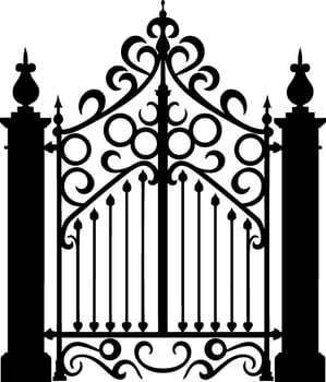 Vector illustration wrought-iron fence. Old metal fence and gate. Gate silhouette. AI generated illustration
