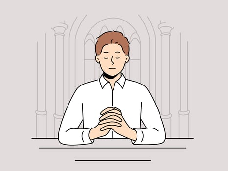 Man praying sitting on bench in temple seeking spiritual support in catholic and christian religion vector