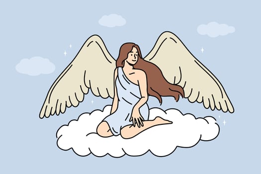 Woman angel with large wings sits on flying cloud in heaven, symbolizing innocence and purity vector