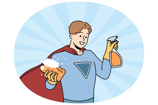 Smiling male housekeeper with washcloth and detergent vector
