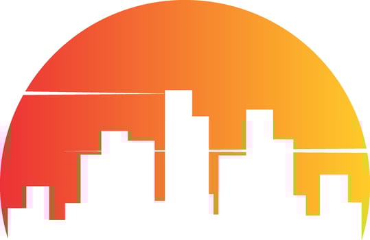 A city skyline with orange and yellow sun vector