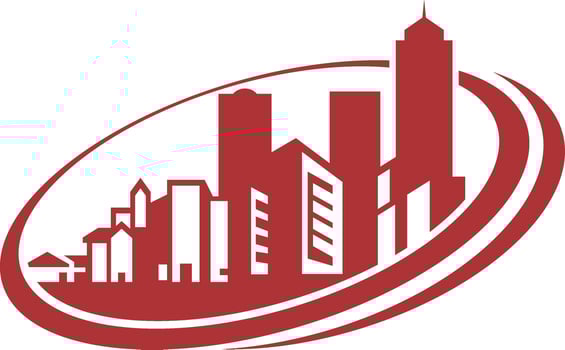 A red and white city skyline logo vector
