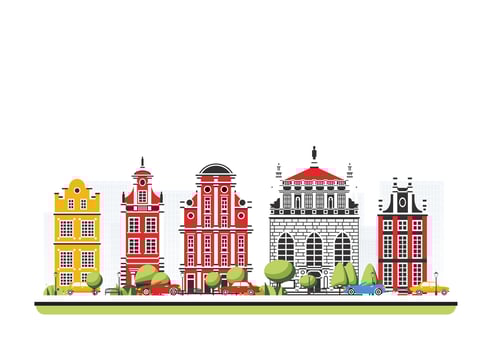 City district with old buildings in flat style with trees and cars. City scene isolated on white background. Urban architecture. Old street european architecture. vector