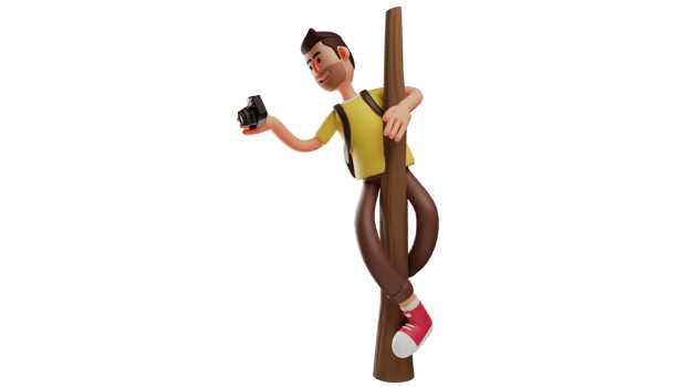 3D illustration. Great photographer 3D cartoon character. Photographer climb trees to get good photo spots. A clever man who holds a camera and will capture the view. 3D cartoon character png