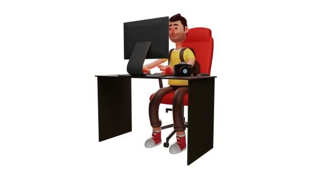 3D illustration. Cameraman 3D cartoon character. The cameraman is working on something at his office desk and facing the computer. The cameraman smiled at the results of his work. 3D cartoon character png