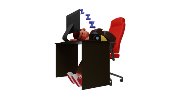 3D illustration. Tired Photographer 3D cartoon character. Photographer fell asleep on his desk. Office worker fell asleep in front of the computer. Sleepy man finally fell asleep. 3D cartoon character png