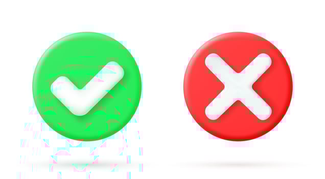 Green tick check mark and cross mark symbols icon element, Simple ok yes no graphic design, right checkmark symbol accepted and rejected, 3D rendering. Vector illustration