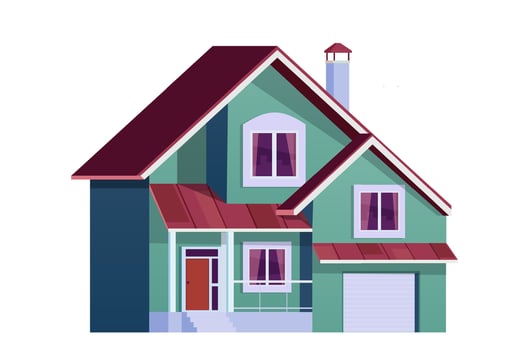 cute cartoon house. Two storey dwelling place with garage. Townhouse building. Home facade with door and windows. Vector illustration in flat style