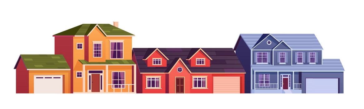 Residential houses exterior in suburb district. cartoon set of suburban cottages, modern real estate property. Two storey suburban dwelling architecture with garages. Vector illustration in flat style