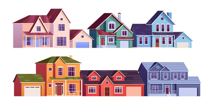 Residential houses exterior in suburb district. cartoon set of suburban cottages, modern real estate property. Two storey suburban dwelling architecture with garages. Vector illustration in flat style