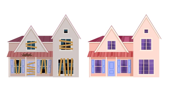 Abandoned house. Home renovation. House before and after repair. New and old suburban cottage. Vector illustration in a flat style