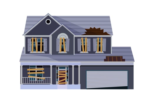 Old abandoned house cartoon. Decaying suburban cottage with broken windows. Vector illustration in a flat style