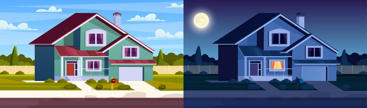 Day and night house. Street in suburb district with residential house. cartoon landscape with suburban cottage. City neighborhood with real estate property. Vector illustration in a flat style