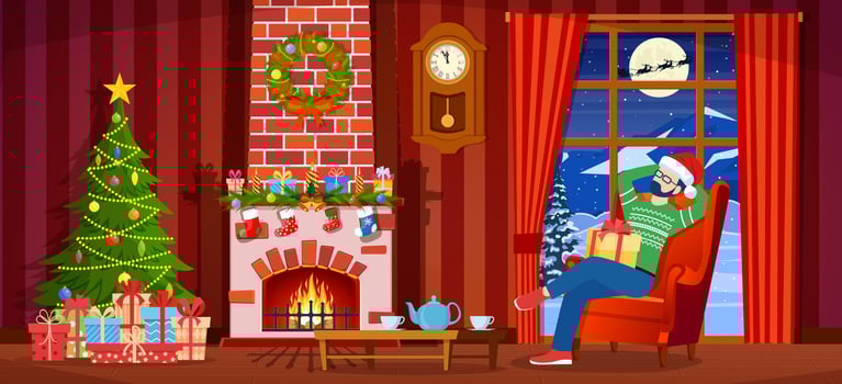 Cozy Interior of Living Room with Window, Man on Armchair, Table, Christmas Tree. Happy New Year Decoration. Merry Christmas Holiday. New Year and Xmas Celebration. Cartoon Flat Vector Illustration