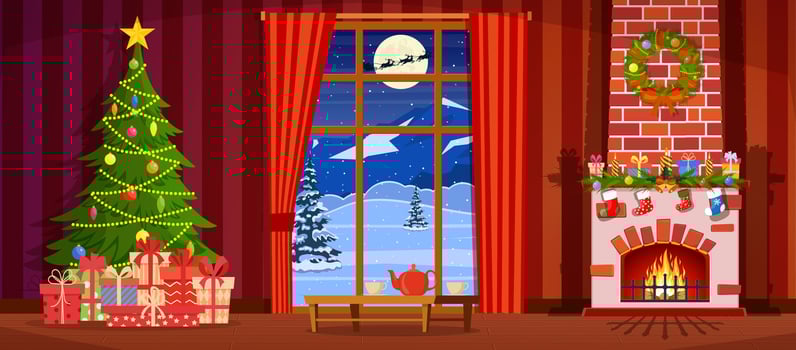Christmas interior of the living room with a Christmas tree, gifts and a fireplace. Vector illustration