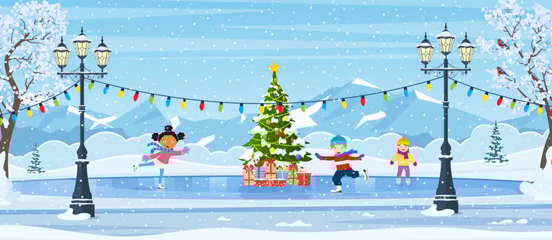 Christmas ice rink with fir tree decorated with illumination. Winter scene with skating children. cartoon frozen landscape with mountain. Winter day park scene. Vector illustration in flat style