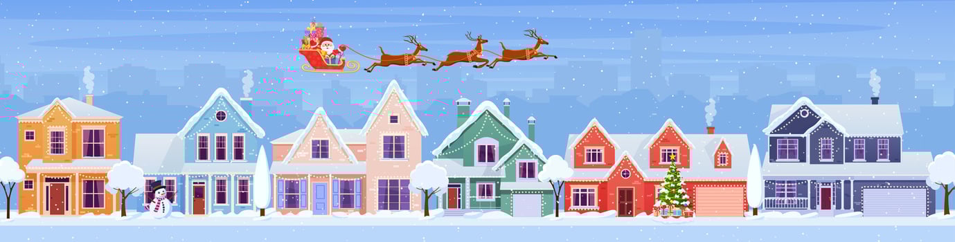 Residential houses with christmas decoration at day. cartoon winter landscape street with snow on roofs and holiday garlands, christmas tree, snowman. Santa Claus with deers in sky Vector illustration