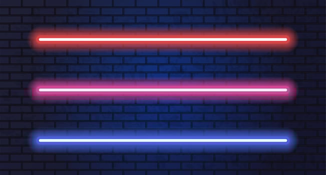 Neon blue, red, pink glowing lines or light swords. neon tubes for decoration and covering on the wall background. Vector illustration.