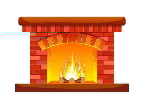 Winter interior bonfire. Classic fireplace made of red bricks, bright burning flame and smoldering logs inside. Home fireplace for comfort and relaxation. Vector illustration in flat style