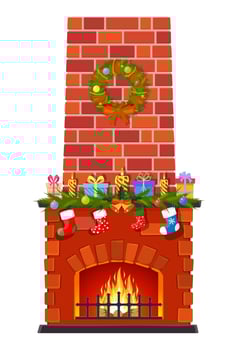 Christmas fireplace isolated on a white background. fireplace with socks, candle balls gifts and wreath. Happy new year decoration. Merry christmas holiday. Vector illustration flat style