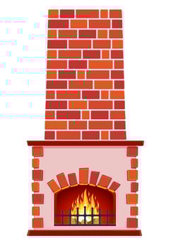 cartoon Winter interior bonfire. Classic fireplace made of red bricks, bright burning flame and smoldering logs inside. Home fireplace for comfort and relaxation. Vector illustration in flat style