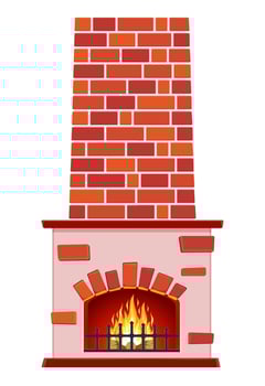 cartoon Winter interior bonfire. Classic fireplace made of red bricks, bright burning flame and smoldering logs inside. Home fireplace for comfort and relaxation. Vector illustration in flat style