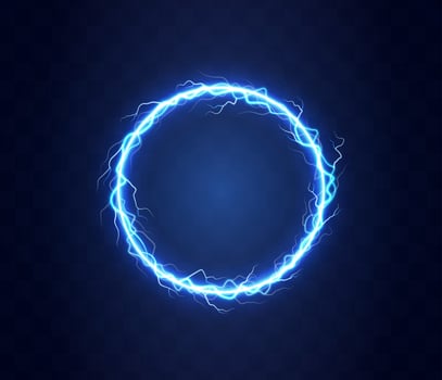 Realistic magic circle of thunder storm blue lightnings. Magic and bright lighting effects. Electric circle. Round frame with electricity and lightnings. vector