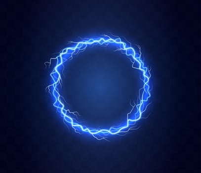 Realistic magic circle of thunder storm blue lightnings. Magic and bright lighting effects. Electric circle. Round frame with electricity and lightnings. vector