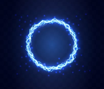 Realistic magic circle of thunder storm blue lightnings. Magic and bright lighting effects. Electric circle. Round frame with electricity and lightnings. vector