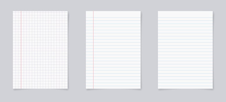 Set of realistic blank sheets of square and lined paper. notepad notebook mockups. School notepad notebook. vector illustration.