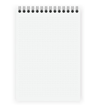 Blank realistic dots notebook with shadow. Copybook with blank opened ruled page on metallic spiral, dairy or organizer mockup or template for your text. vector illustration.