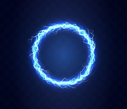 Realistic magic circle of thunder storm blue lightnings. Magic and bright lighting effects. Electric circle. Round frame with electricity and lightnings. vector