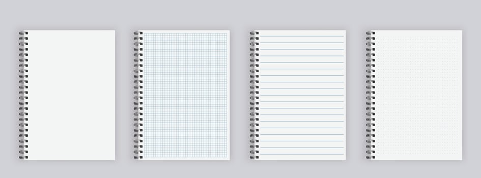 Realistic opened notebook mockups. Lined, checkered and dots paper binder page for memo pads . School notepad notebook. vector illustration.