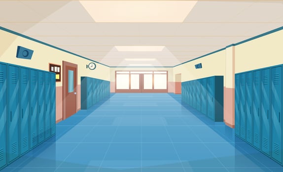 School hallway interior with entrance doors, lockers and bulletin board on wall. empty corridor in college, university with closed classrooms doors. Vector illustration in a flat style