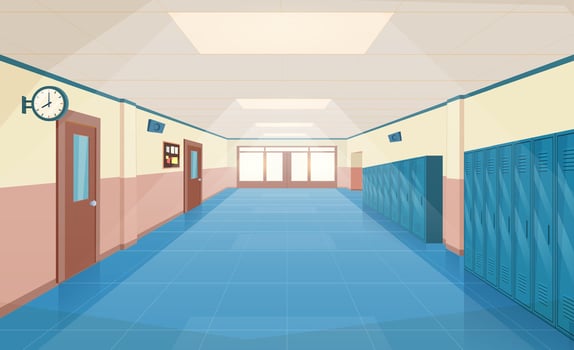 School hallway interior with entrance doors, lockers and bulletin board on wall. empty corridor in college, university with closed classrooms doors. Vector illustration in a flat style