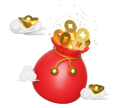 Chinese gold coins in bag with gold ingot, cloud. chinese new year 2024 capricorn. 3d render illustration png