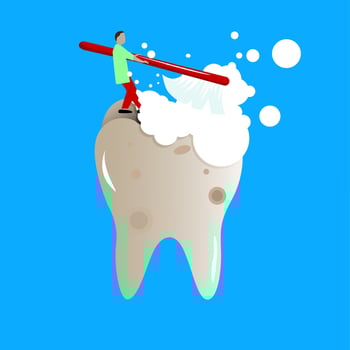 Dentist doctor cleans and whiten teeth. Whitening light and dentist cleaning, vector oral care illustration. Professional teeth cleaning