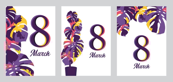 Floral greeting card design featuring monstera leaves. International Women's Day graphic. vector