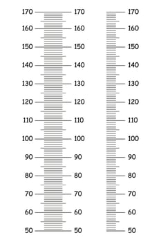 Kids height charts from 50 to 170 centimeters. Set of templates for wall growth sticker isolated on a white background. Meter wall, growth ruler collection. Vector outlined illustration.