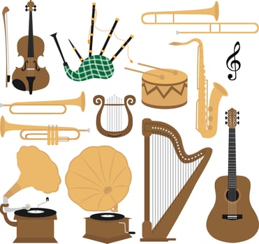 Classic musical instruments vector clip art. Vintage violin, guitar, saxophone, bagpipe,gramophone,lyre